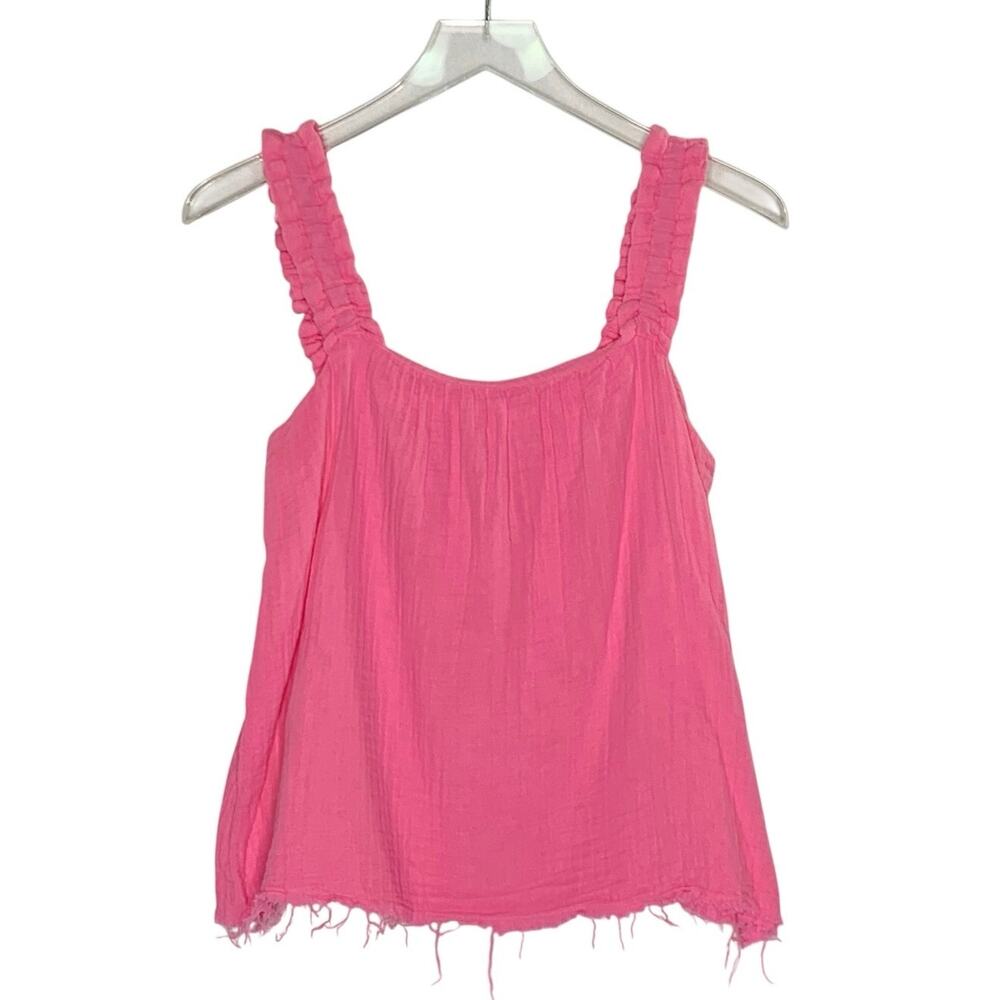 Stark X Hot Pink Tank Top S. Gauzy Textured Ruffle Strap 100% Cotton Raw Hem